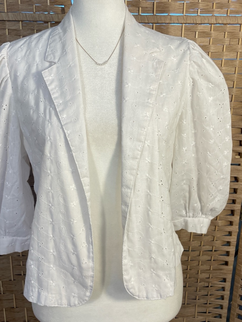 White Eyelet Puff Sleeve Blazer